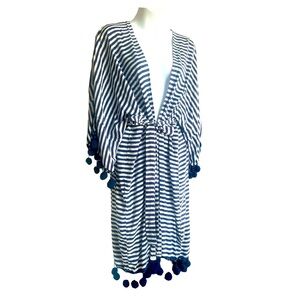 Brand 🆕 Kimono Style Lounge Robe Beach CoverUp Navy & White Stripes Pom Pom Trim